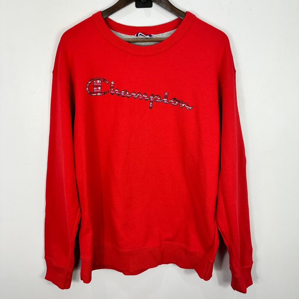 Champion Script Logo Sweatshirt Mens Large Red Fleece Vintage 90s Y2K Oversized